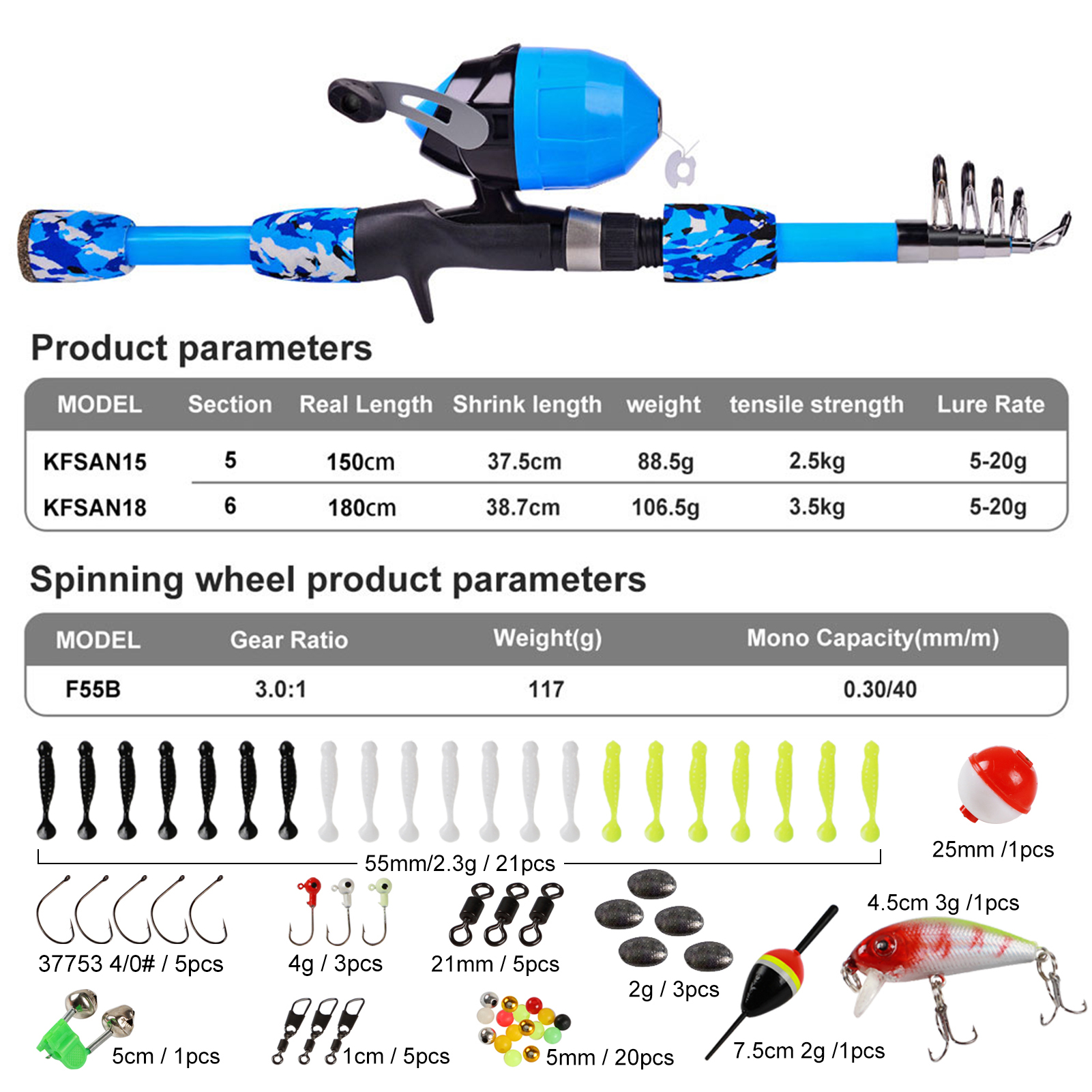 FREE FISHER Fishing Rod Combo Drum Reel Soft Lures Telescopic Fish Pole Hooks Floats Swivels Lead Sinkers Fishing Tackles Set Bag for Kids