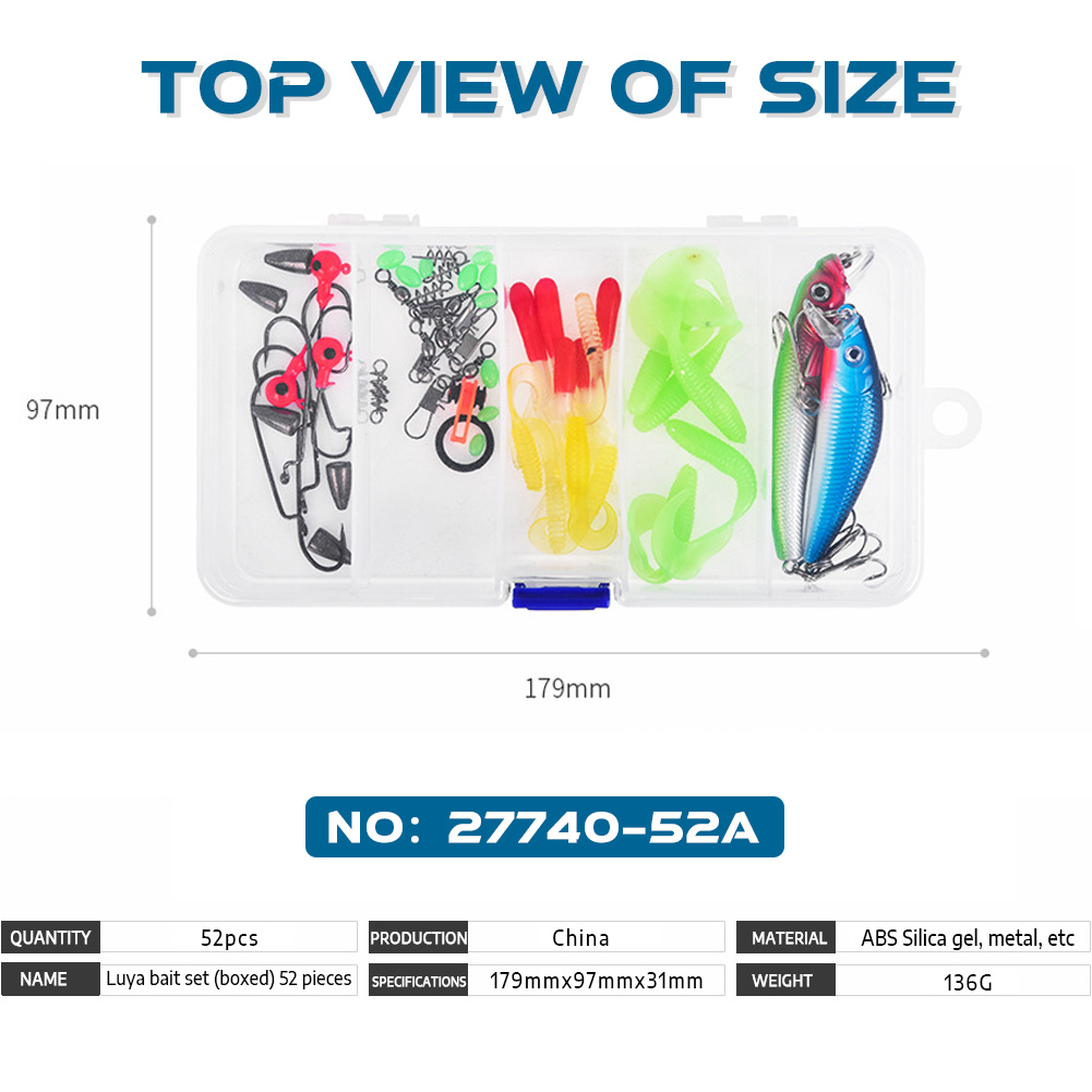 FREE FISHER Fishing Lures Set 52pcs with Box Fish Hooks Swivels Luminous Beads Accessories Lead Sinkers Jigs Minnow Soft Worms Swimbaits Kit