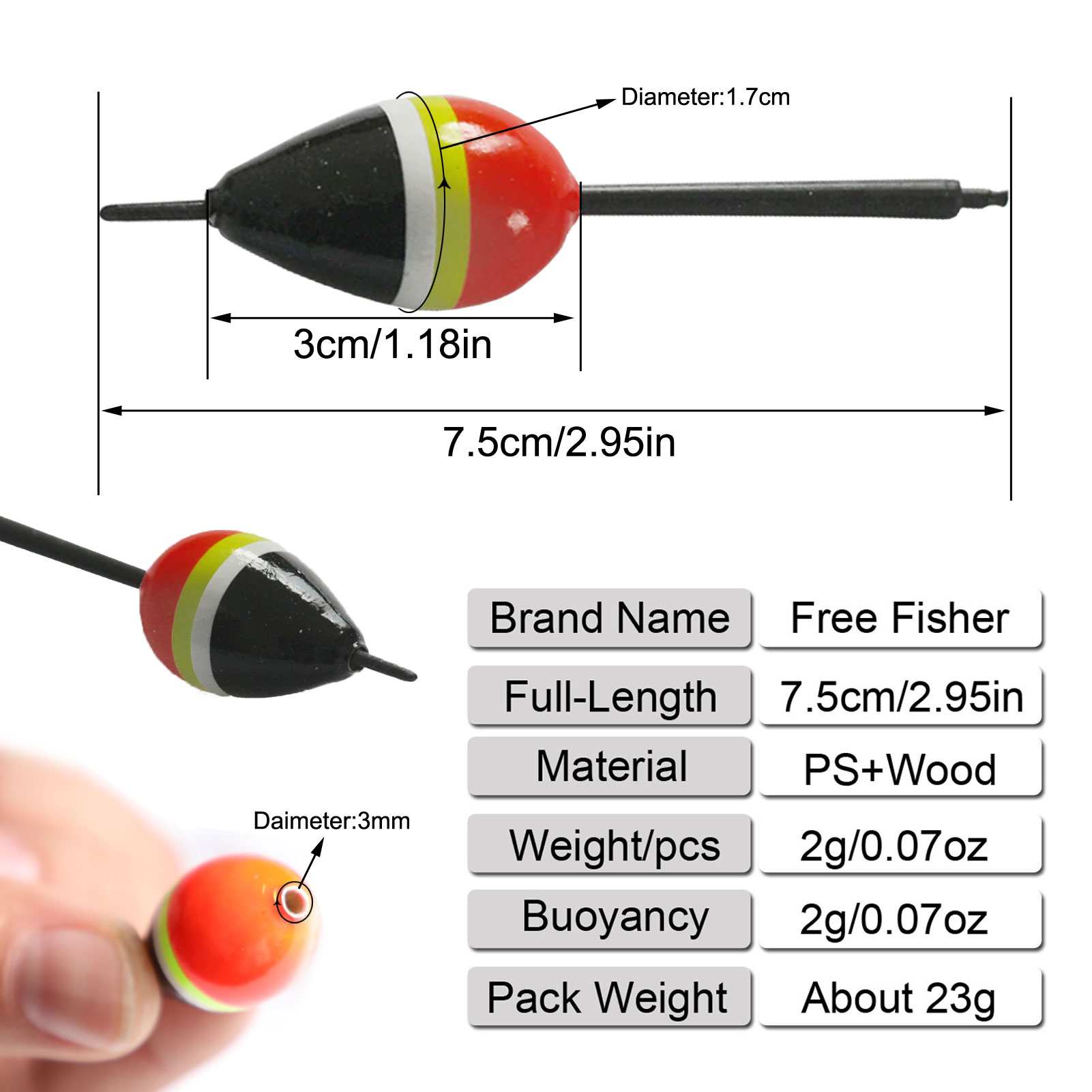 FREE FISHER Fishing Wood Floats Lightweight Bobbers Cork Vertical Buoy Set Long Tail Antenna Colored Stopper Copper Swivel for Bass/Carp