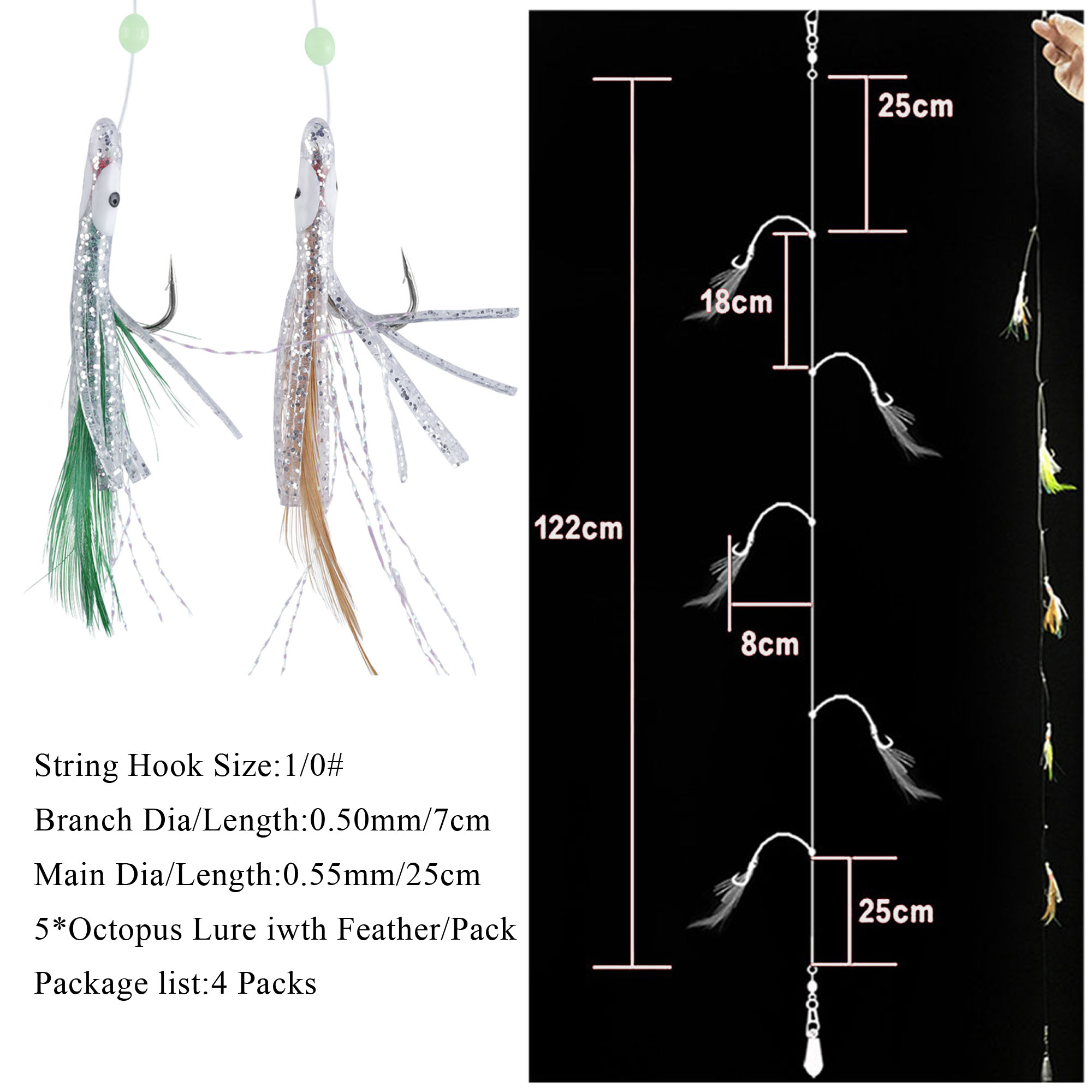 FREE FISHER 4pcs/pack Fishing Rigs String Hooks Baits Octopus Feather Lure Jig Glow Lures Nylon Line Swivels Snap Artificial Bait 1/0# Fishhook