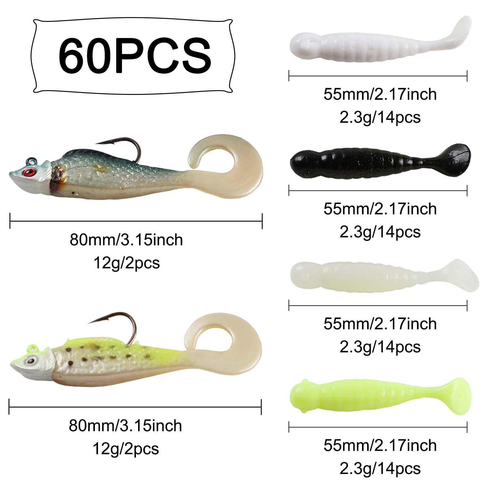 FREE FISHER Fishing Soft Lures Set 60pcs Baits with Plastic 5-Grid Clear Box Wobbler Swimbait Artificial T-tail Bionic Baits for Carp/Bass Fishing