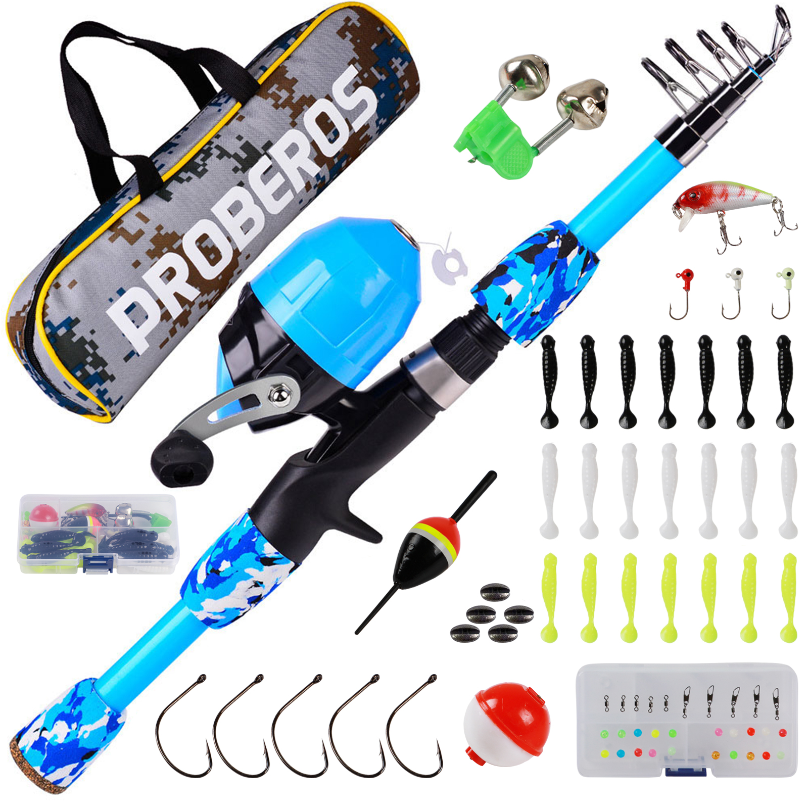 FREE FISHER Fishing Rod Combo Drum Reel Soft Lures Telescopic Fish Pole Hooks Floats Swivels Lead Sinkers Fishing Tackles Set Bag for Kids