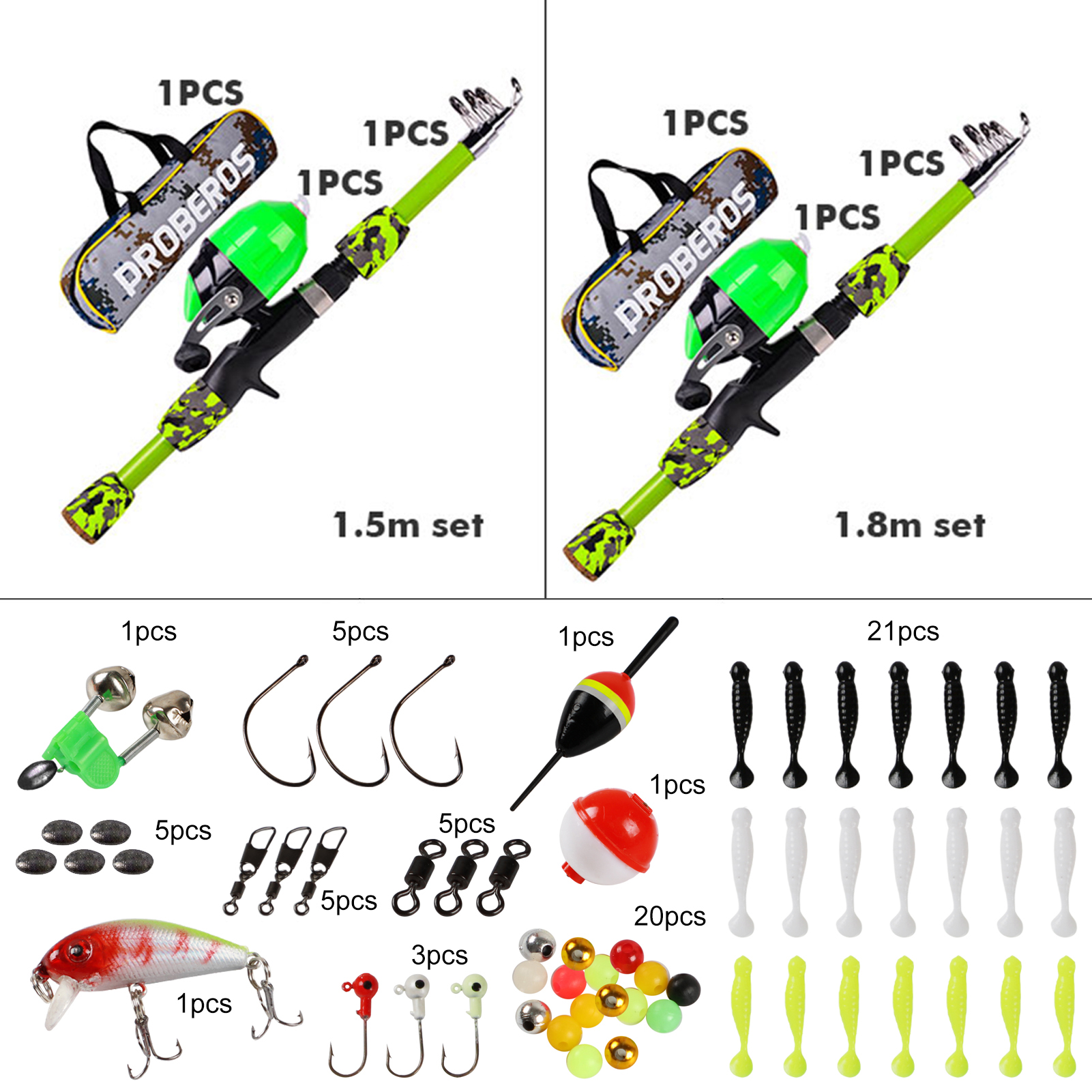 FREE FISHER Fishing Rod Combo Drum Reel Soft Lures Telescopic Fish Pole Hooks Floats Swivels Lead Sinkers Fishing Tackles Set Bag for Kids
