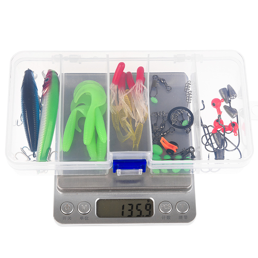 FREE FISHER Fishing Lures Set 52pcs with Box Fish Hooks Swivels Luminous Beads Accessories Lead Sinkers Jigs Minnow Soft Worms Swimbaits Kit