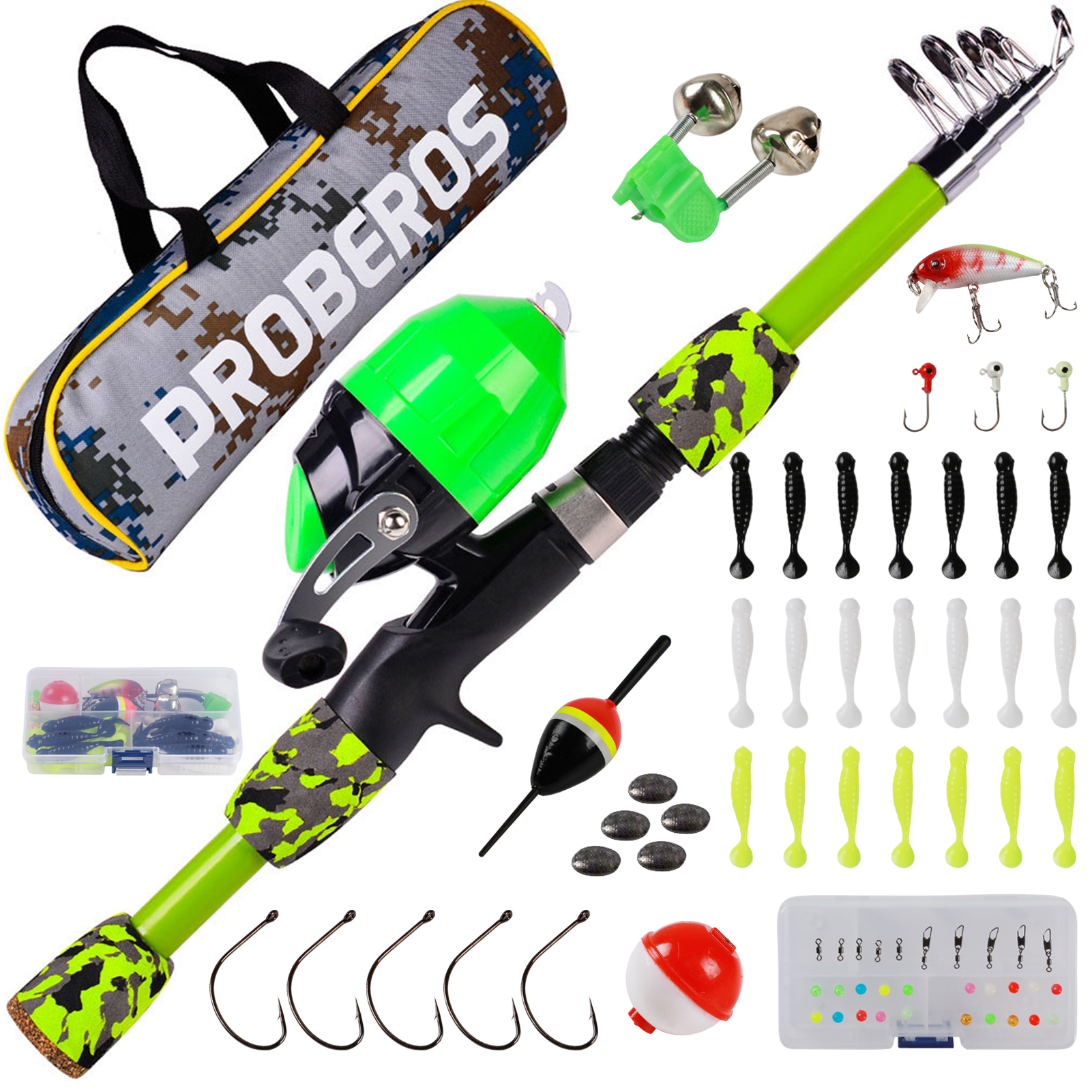 FREE FISHER Fishing Rod Combo Drum Reel Soft Lures Telescopic Fish Pole Hooks Floats Swivels Lead Sinkers Fishing Tackles Set Bag for Kids