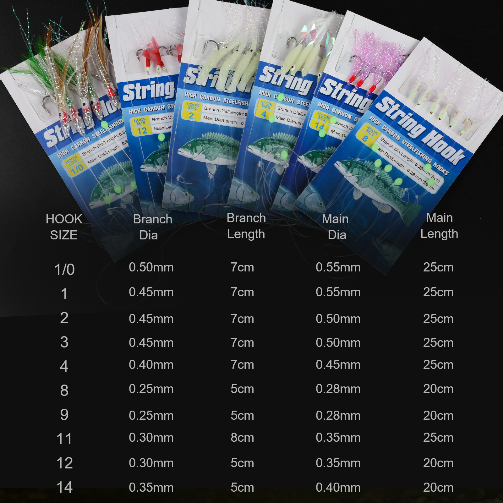 FREE FISHER 20pcs/Pack Fishing String Hooks Set 14#-1/0# Luminous Shrimp Lures Soft Octopus Baits Nylon Line Swivel Colorful Wire Fish Rigs
