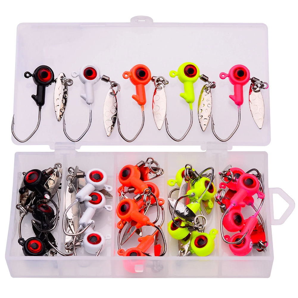 FREE FISHER 25pcs/Box Fishing Lead Head 3D Eyes Hooks Set 1.4g 1.6g 3g Spinnerbaits Hooks with Sequins Mixed Color Fishing Jigs Hard Lures