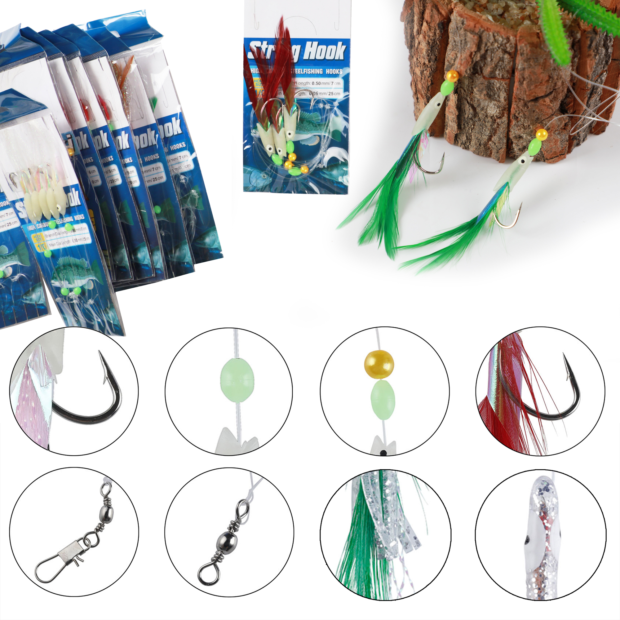 FREE FISHER 22 Pieces Fishing Rigs With Luminous Glow Bead Feather Fish Skin String Hooks Mix Size Fishing Lures for Freshwater