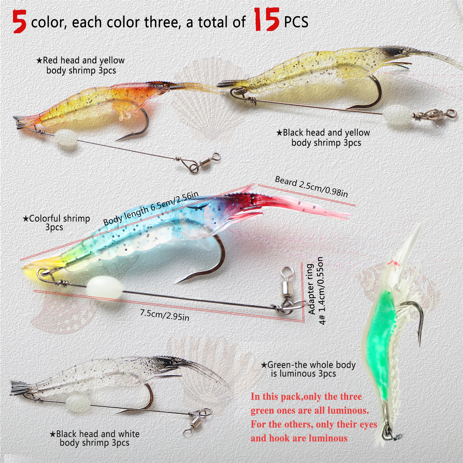 FREE FISHER Fishing Baits 15Pcs Soft Shrimp Lures 9cm 5.5g Luminous Artificial Baits Silicone with Single Hook Swivel Bead Anzois Rigs