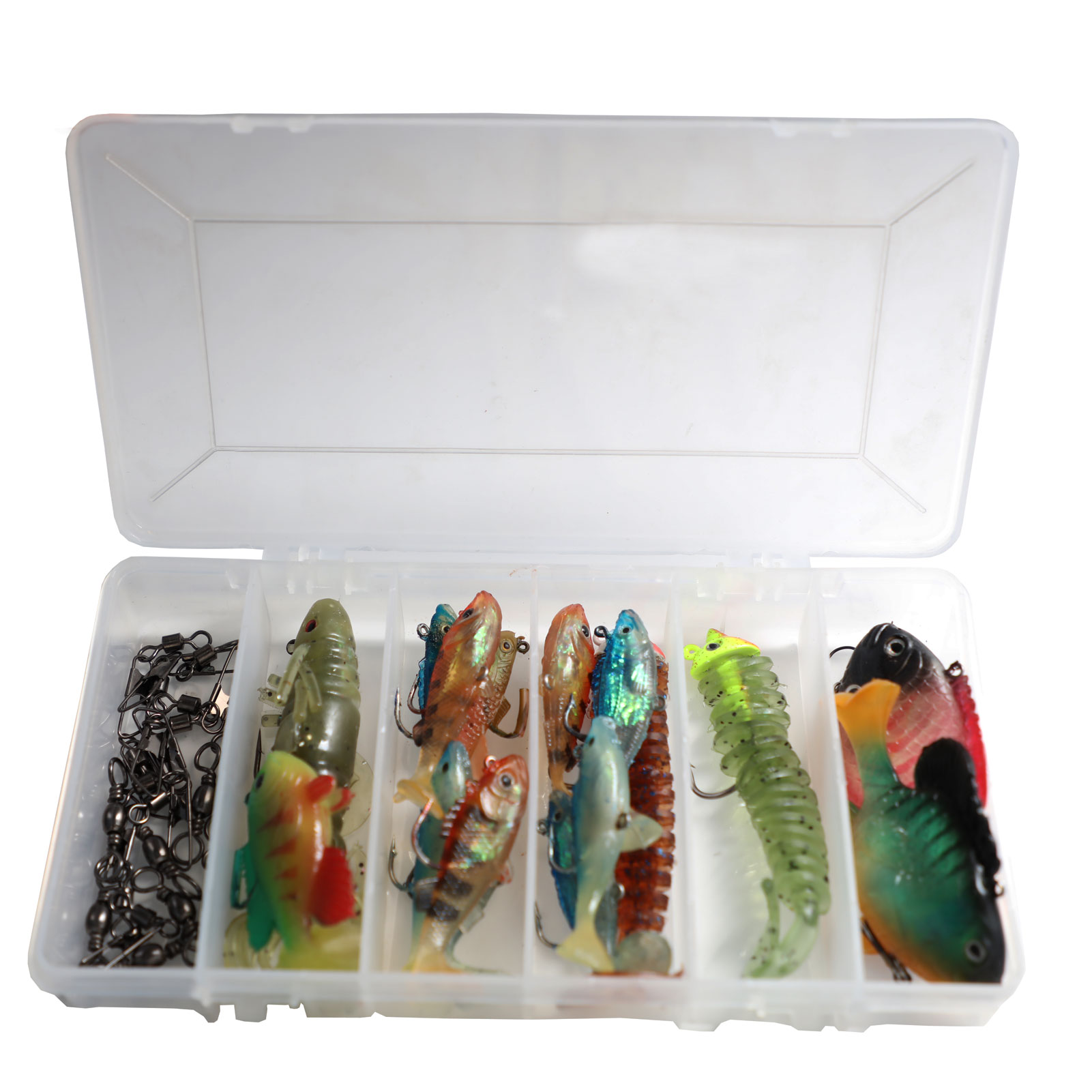 FREE FISHER Fishing Artificial Baits Set 36pcs with Clear Plastic Box Lead Fish Big Soft Wobbler Lures Stainless Steel Swivels for Carp Fishing