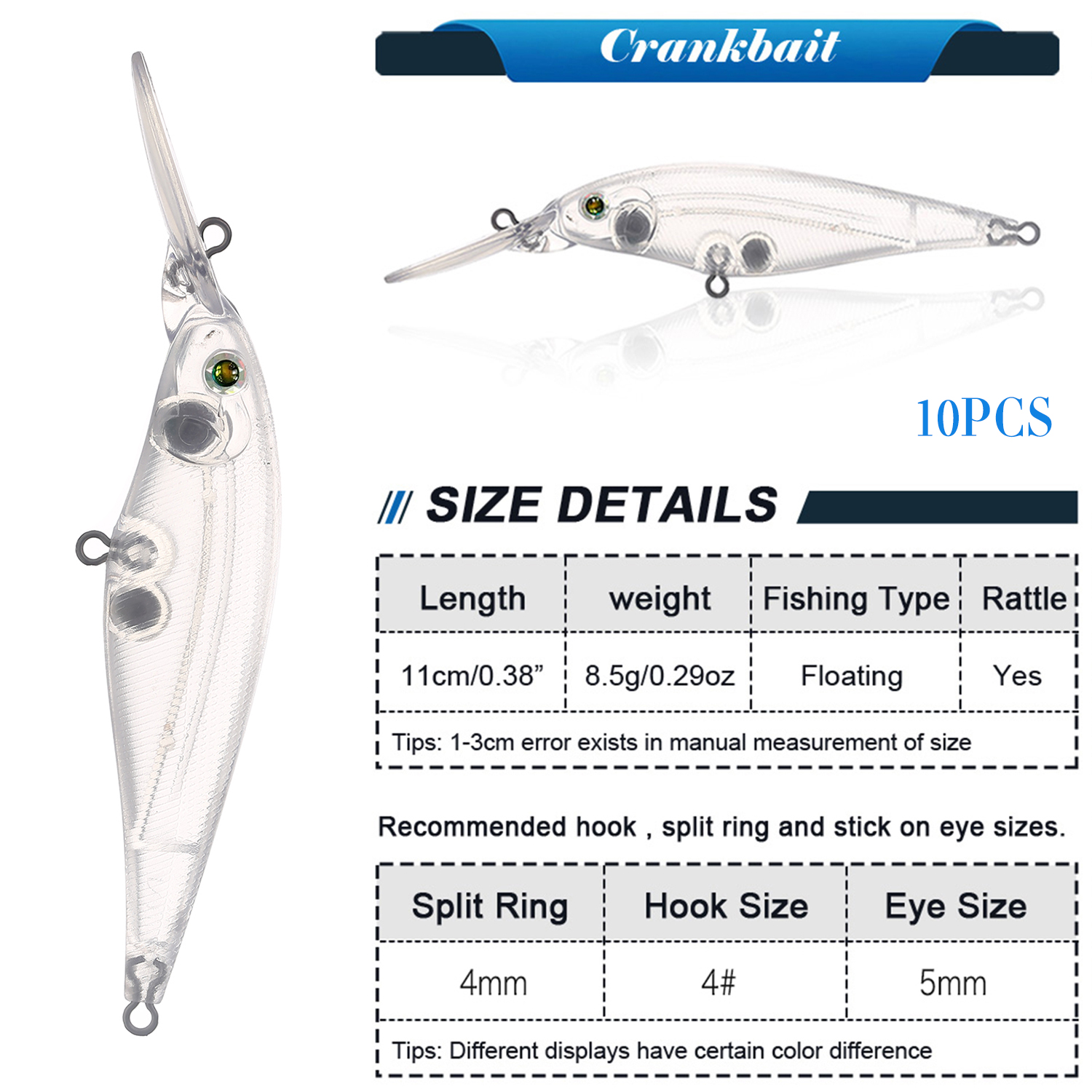 FREE FISHER Fishing Blank Lures Set 10pcs/Lot Unpainted Baits Minnows Crankbaits Pencil Lures Clear Naked Bait Embryo with Ring Eyes