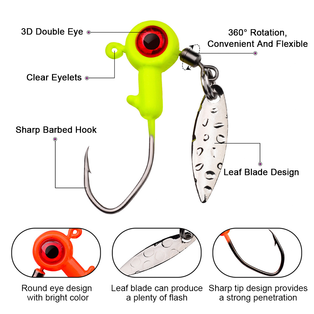 FREE FISHER 25pcs/Box Fishing Lead Head 3D Eyes Hooks Set 1.4g 1.6g 3g Spinnerbaits Hooks with Sequins Mixed Color Fishing Jigs Hard Lures