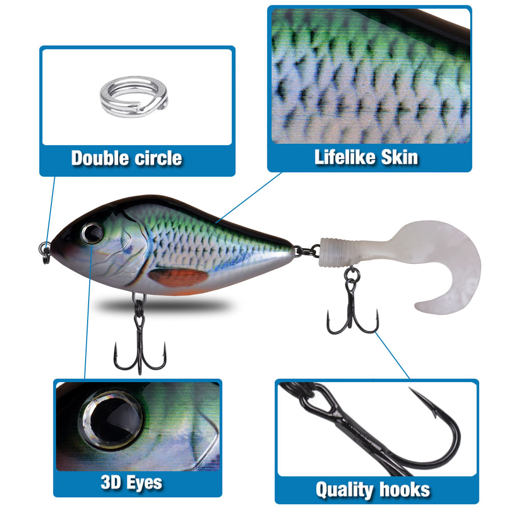 FREE FISHER 4pcs Jerkbait Set Fishing Lures 100MM 49G Slider Swim Action with Soft Tail Slow Sinking Hard Body Fishing Jerk Bait for Pike Musky