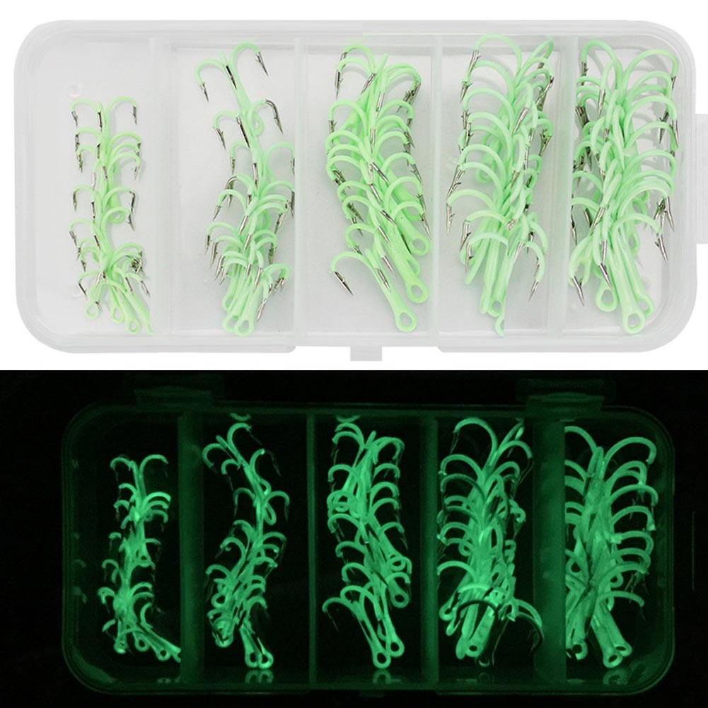FREE FISHER 50pcs Fishing Hooks High Carbon Steel Luminous Treble Hooks Mixed Size with Plastic Box 2-10# Triple Fishhook for Sea Fishing