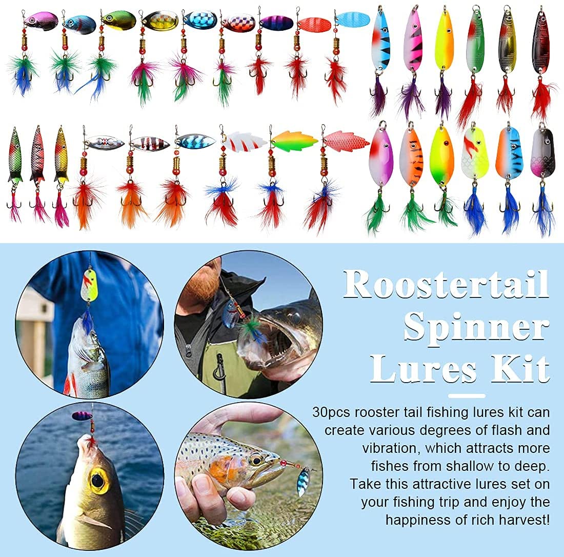 Wholesale 30Pcs Fishing Lures,Baits Tackle Spinners Swimbait Crankbaits Topwater Lures,Variety Fishing Baits Rooster Tail Trout Salmon Spoons Walleye Colorful Fishing Gear Lures Kit Set