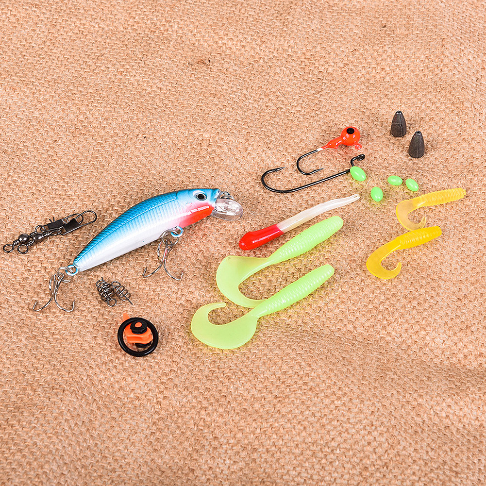 FREE FISHER Fishing Lures Set 52pcs with Box Fish Hooks Swivels Luminous Beads Accessories Lead Sinkers Jigs Minnow Soft Worms Swimbaits Kit