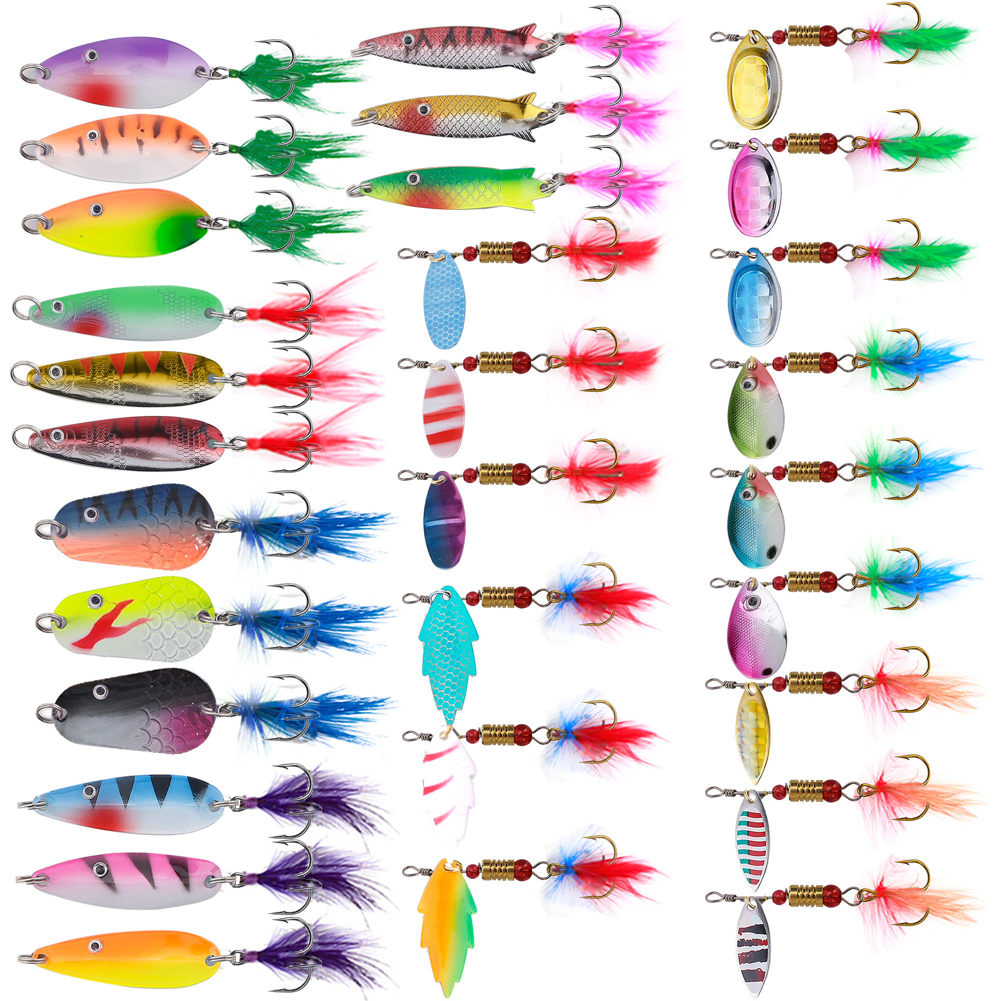 FREE FISHER 30pcs Metal Spoon Lures Fishing Spinnerbaits Kit Rotation Sequins Swimbait wuth Feather Hooks for Trout Pike Salmon Bass