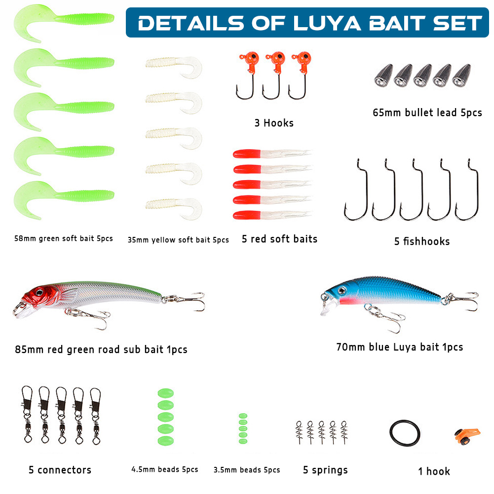 FREE FISHER Fishing Lures Set 52pcs with Box Fish Hooks Swivels Luminous Beads Accessories Lead Sinkers Jigs Minnow Soft Worms Swimbaits Kit