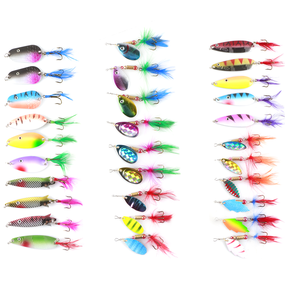 FREE FISHER 30pcs Metal Spoon Lures Fishing Spinnerbaits Kit Rotation Sequins Swimbait wuth Feather Hooks for Trout Pike Salmon Bass