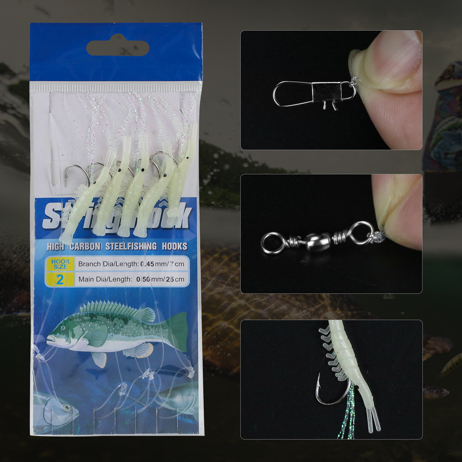 FREE FISHER 20pcs/Pack Fishing String Hooks Set 14#-1/0# Luminous Shrimp Lures Soft Octopus Baits Nylon Line Swivel Colorful Wire Fish Rigs
