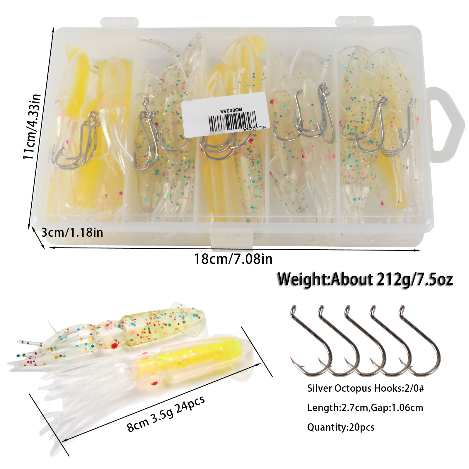 FREE FISHER 24pcs Soft Octopus Fishing Lures Baits Artificial Plastic Lures 20pcs 2/0# Single Barb Hooks in Freshwater/Saltwater with Box