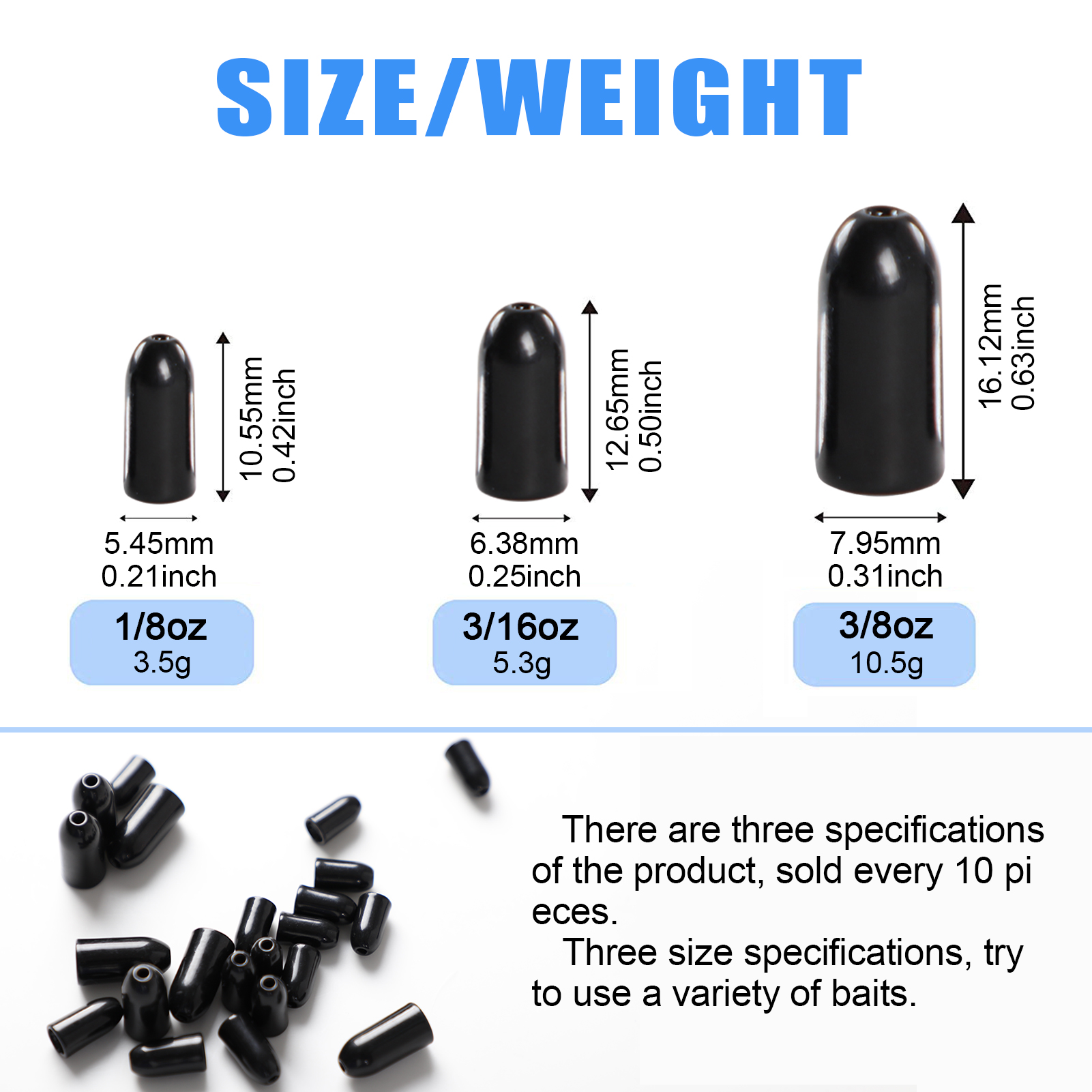 FREE FISHER 10pcs Fishing Tungsten Steel Worm Weights Bullet Shape Sinkers Flipping 3.5g/5.3g/10.5g Drop Shot Fishing Accessory for Bass