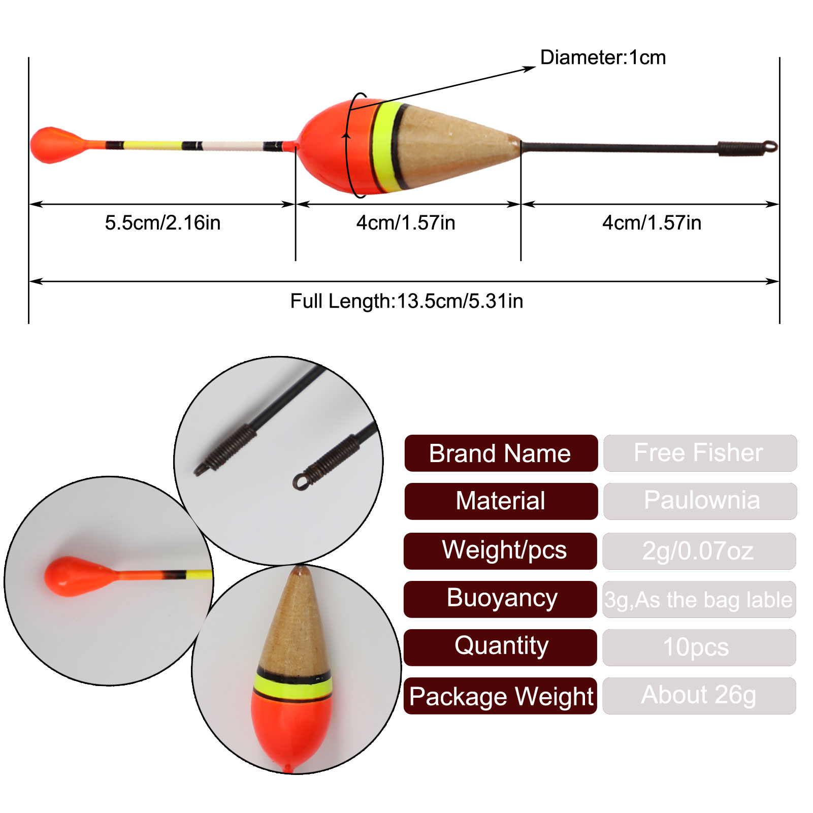 FREE FISHER 10pcs Fishing Floats Set Antenna Wood Cork Floats Kit Buoyancy 3g 13.5cm Buoy Fishing Tackle Accessory Freshwater/Saltwater