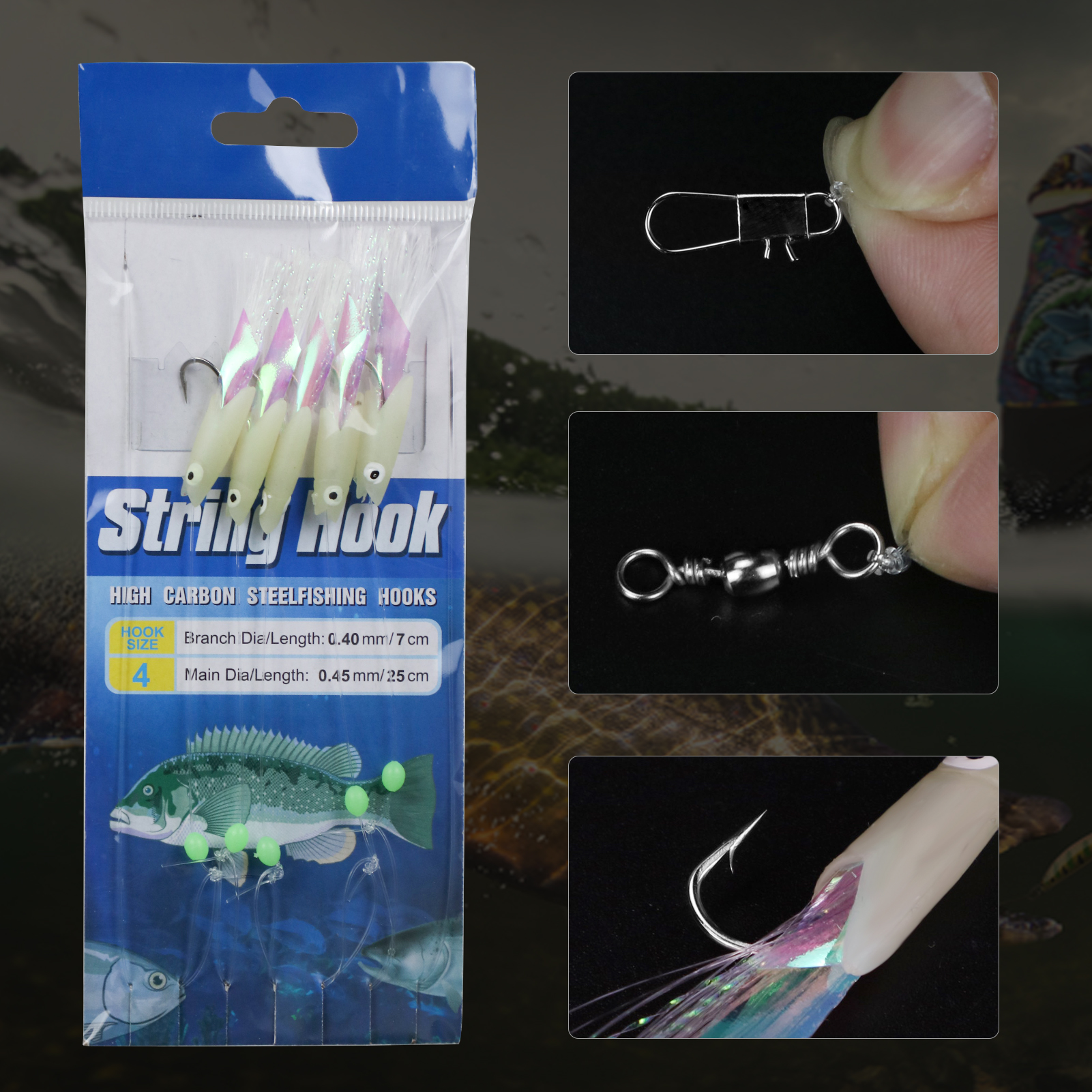 FREE FISHER Wholesale 30pcs/Pack Luminous Fishing String Hooks Set 4#-1/0# Shrimp Lures Soft Baits Nylon Line Swivel Colorful Wire Fish Rigs