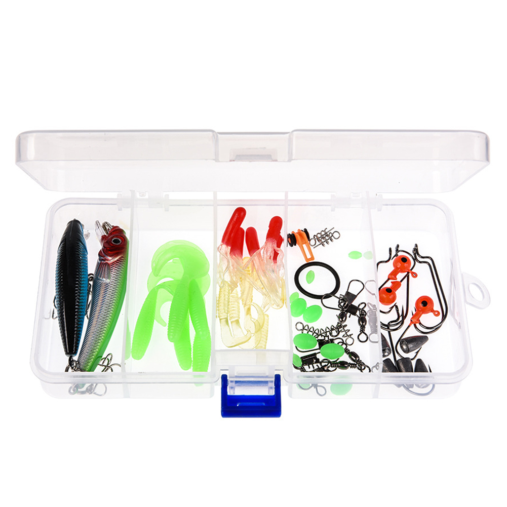 FREE FISHER Fishing Lures Set 52pcs with Box Fish Hooks Swivels Luminous Beads Accessories Lead Sinkers Jigs Minnow Soft Worms Swimbaits Kit