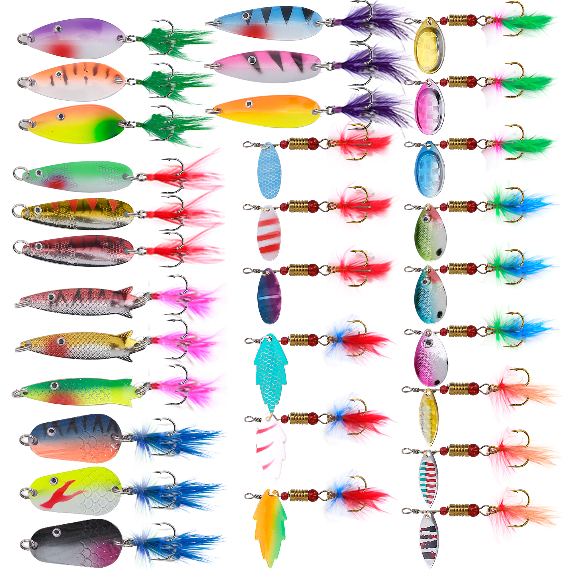 FREE FISHER 30pcs Metal Spoon Lures Fishing Spinnerbaits Kit Rotation Sequins Swimbait wuth Feather Hooks for Trout Pike Salmon Bass