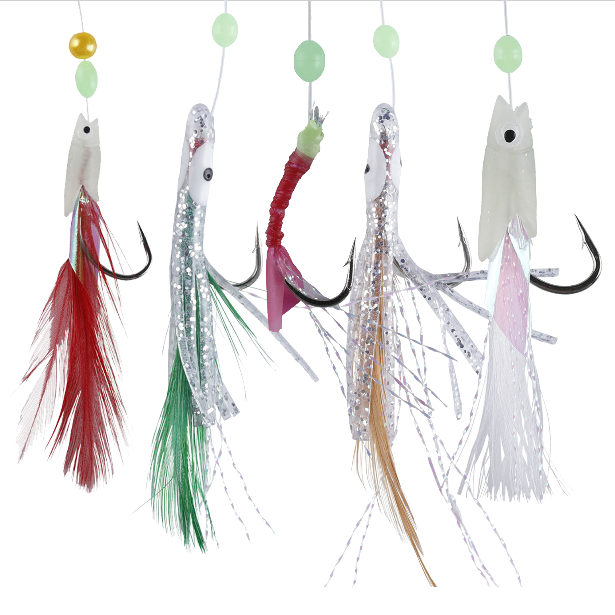 FREE FISHER 22 Pieces Fishing Rigs With Luminous Glow Bead Feather Fish Skin String Hooks Mix Size Fishing Lures for Freshwater