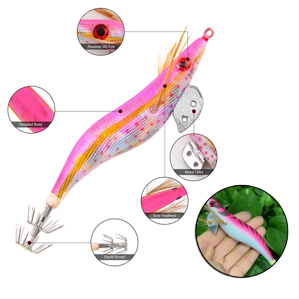 FREE FISHER Fishing Luminous Squid Wood Shrimp Lures Octopus Squids Cuttlefish Jigs Lures Spinnerbait Wood Shrimp Jig Hooks for Sea Fishing