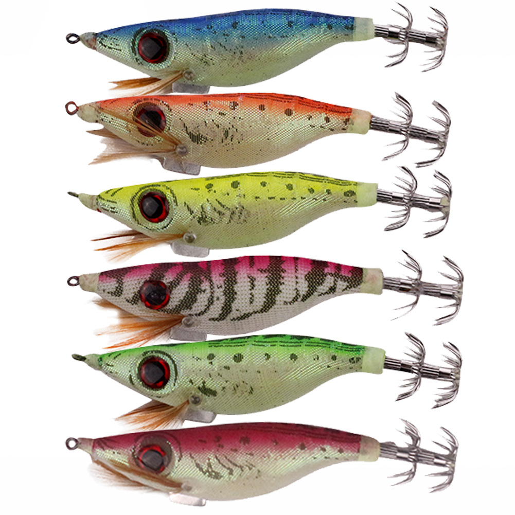 FREE FISHER Fishing Luminous Squid Wood Shrimp Lures Octopus Squids Cuttlefish Jigs Lures Spinnerbait Wood Shrimp Jig Hooks for Sea Fishing