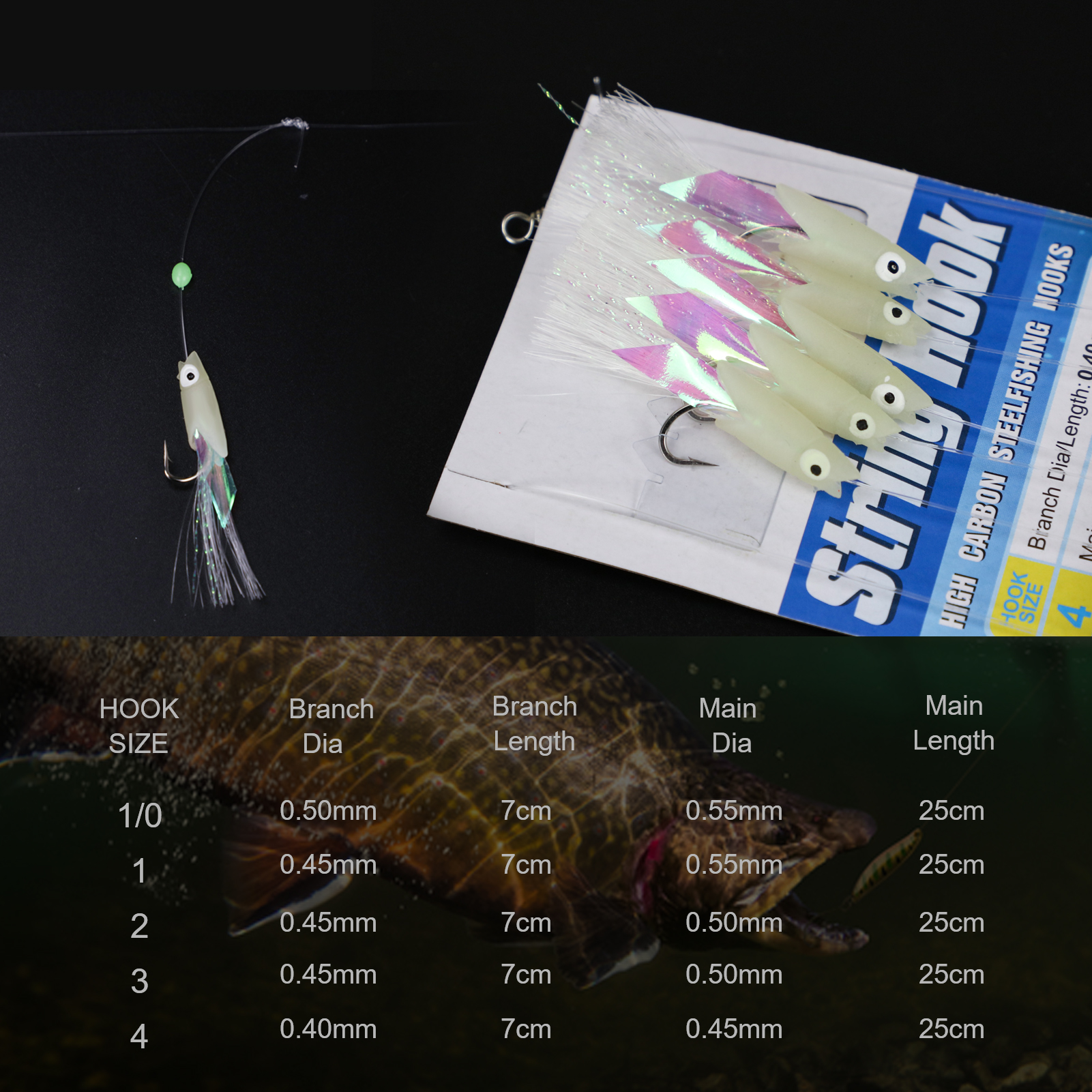 FREE FISHER Wholesale 30pcs/Pack Luminous Fishing String Hooks Set 4#-1/0# Shrimp Lures Soft Baits Nylon Line Swivel Colorful Wire Fish Rigs