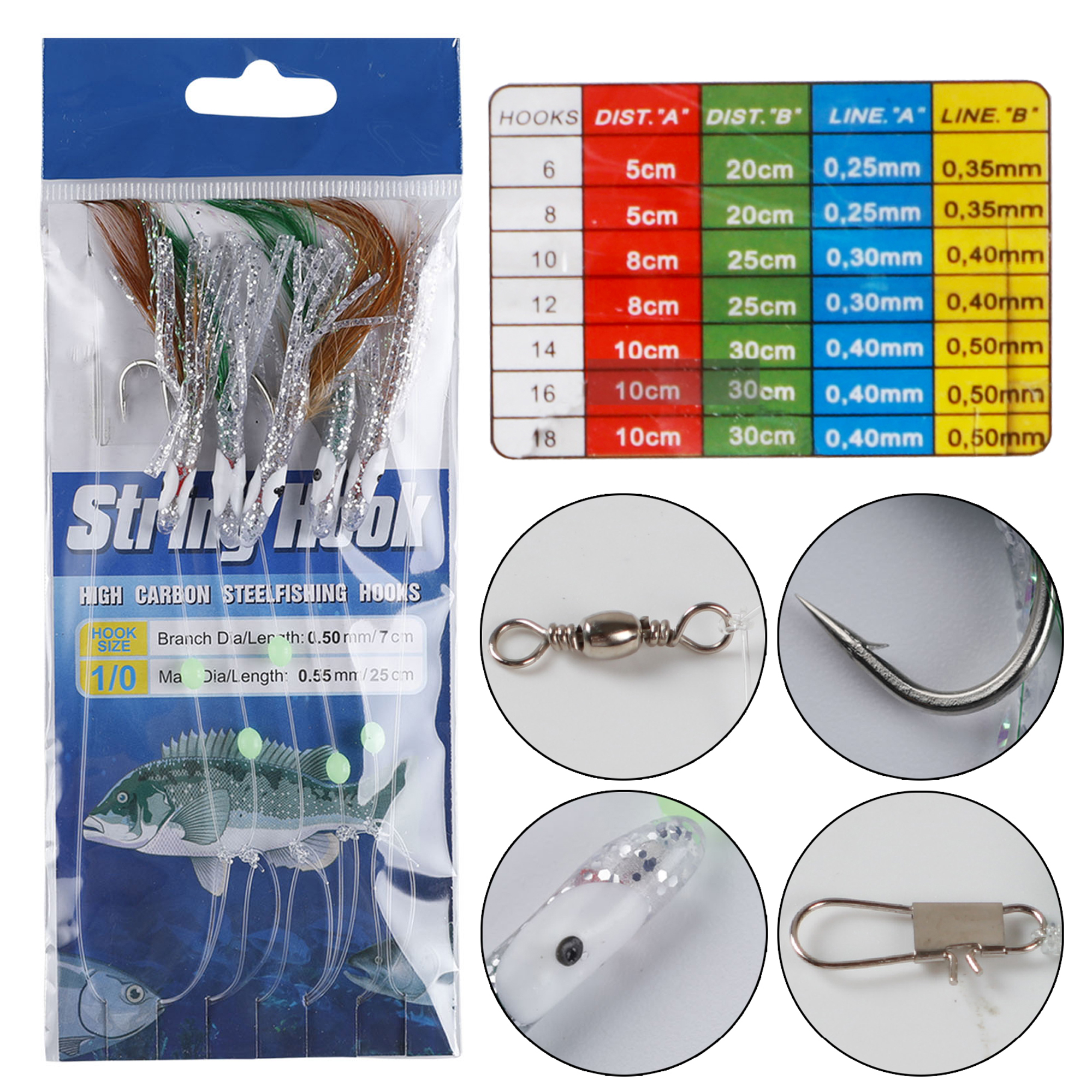 FREE FISHER Fishing Set 22 Pieces Nylon Line Rigs Fish Skin String Hooks with Beads Swivel Feather Hooks Luminous Shrimp Lures/Baits