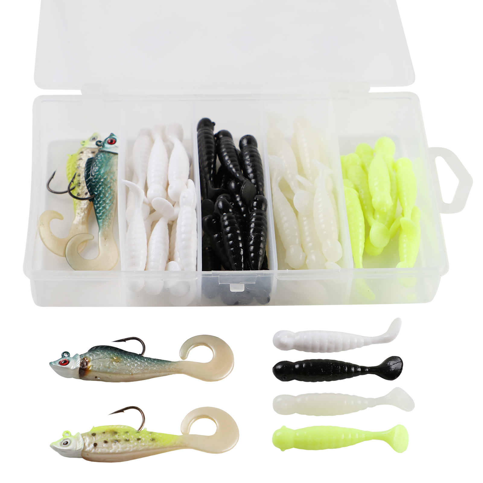 FREE FISHER Fishing Soft Lures Set 60pcs Baits with Plastic 5-Grid Clear Box Wobbler Swimbait Artificial T-tail Bionic Baits for Carp/Bass Fishing