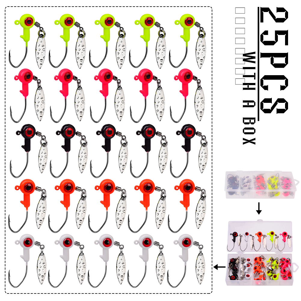 FREE FISHER 25pcs/Box Fishing Lead Head 3D Eyes Hooks Set 1.4g 1.6g 3g Spinnerbaits Hooks with Sequins Mixed Color Fishing Jigs Hard Lures
