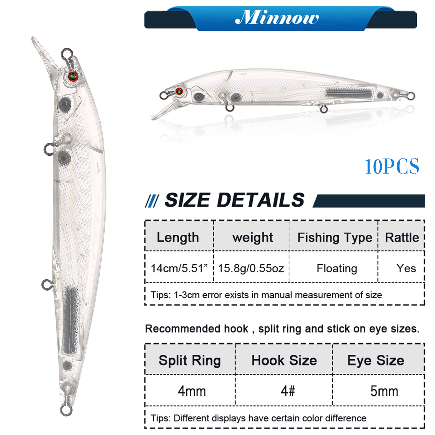 FREE FISHER Fishing Blank Lures Set 10pcs/Lot Unpainted Baits Minnows Crankbaits Pencil Lures Clear Naked Bait Embryo with Ring Eyes