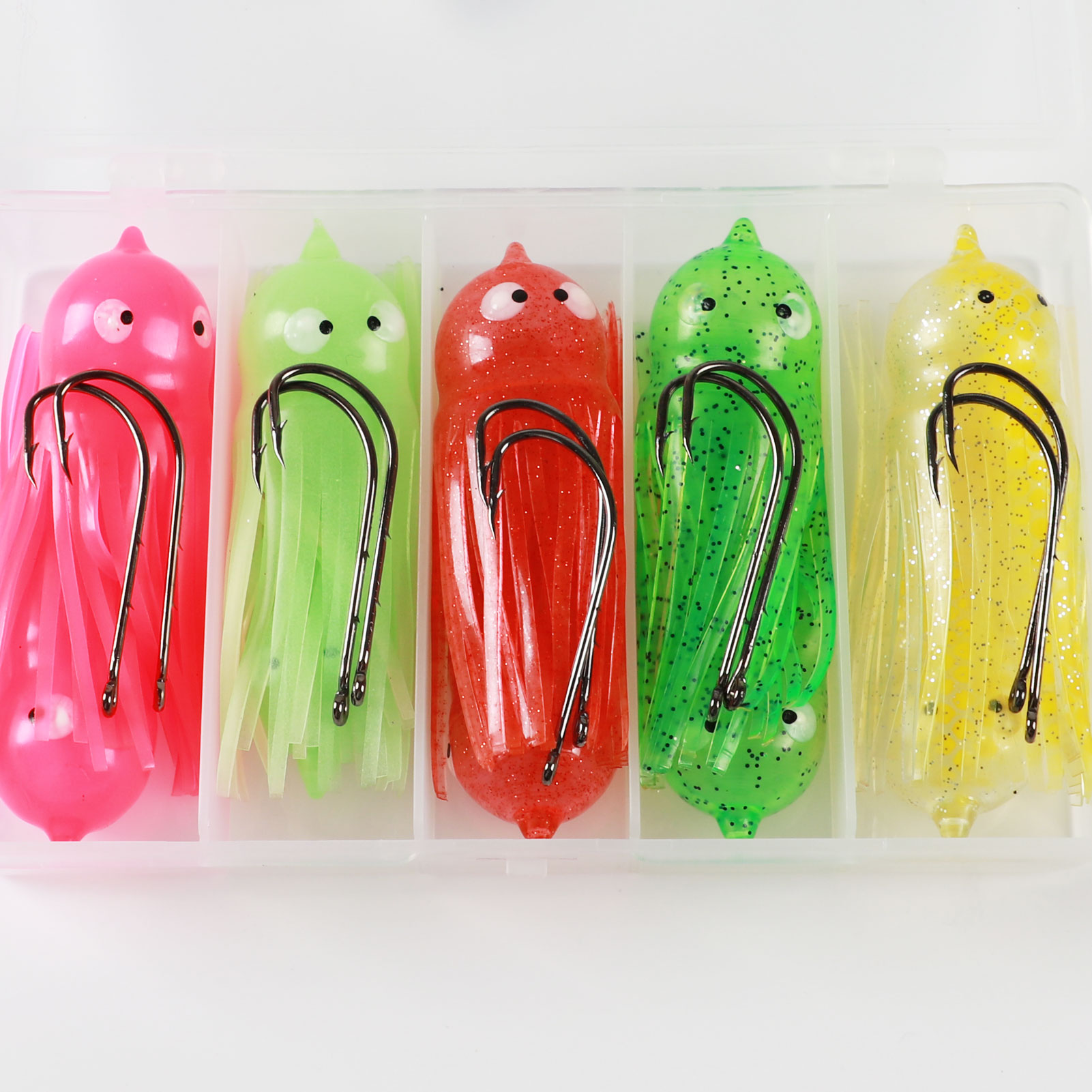FREE FISHER 10pcs Octopus Soft Baits Fishing Soft Skirt Squid Tuna Fishing Baits/Lures 9.5cm/8g Luminous Artificial Bait Fishing Tackle 10pcs hooks with Box