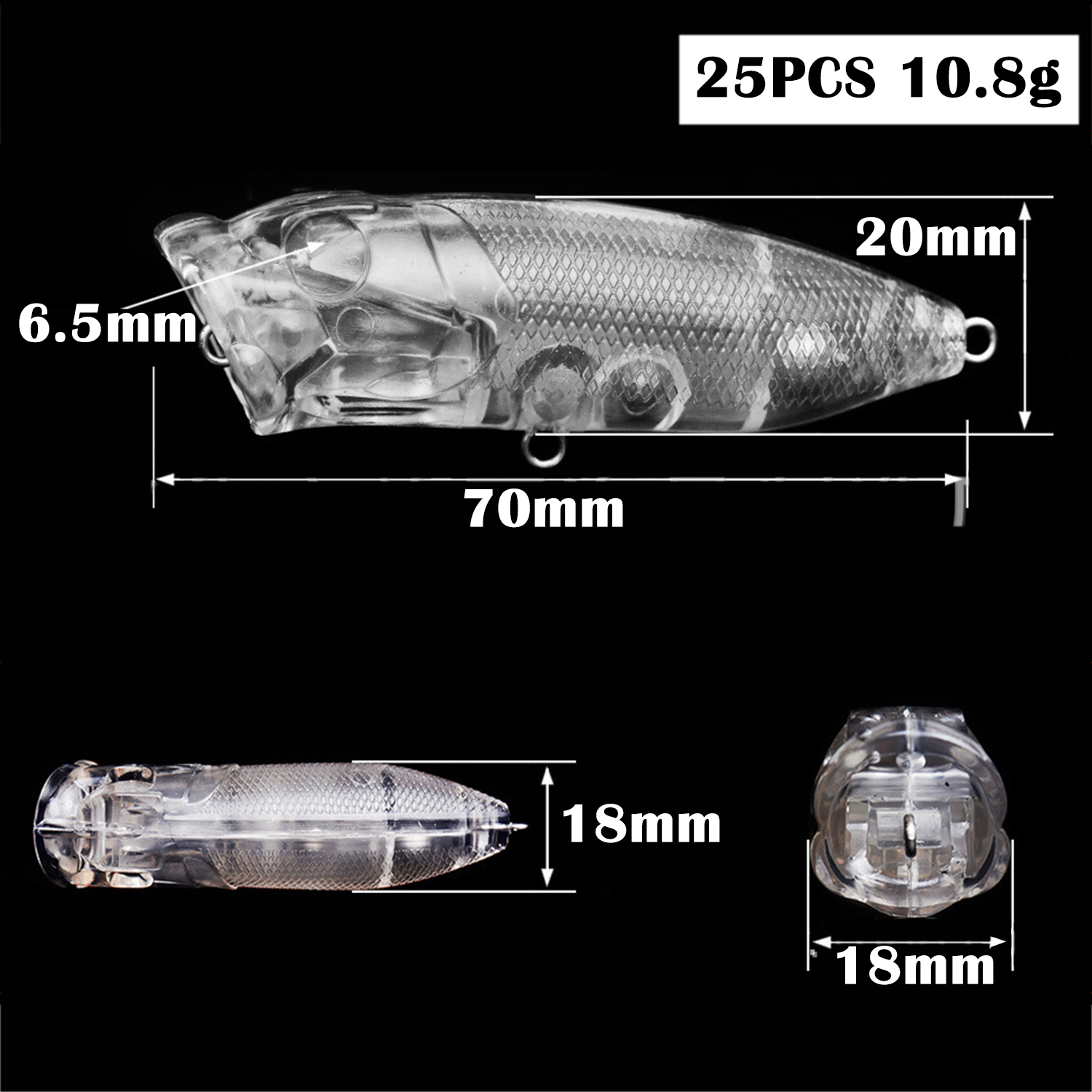 FREE FISHER 25pcs/Lot Unpainded Fishing Popper Lures Clear Plastic Fishbaits 7cm 10.8g Manual DIY Bait Embryo Blank Hard Lures for Bass