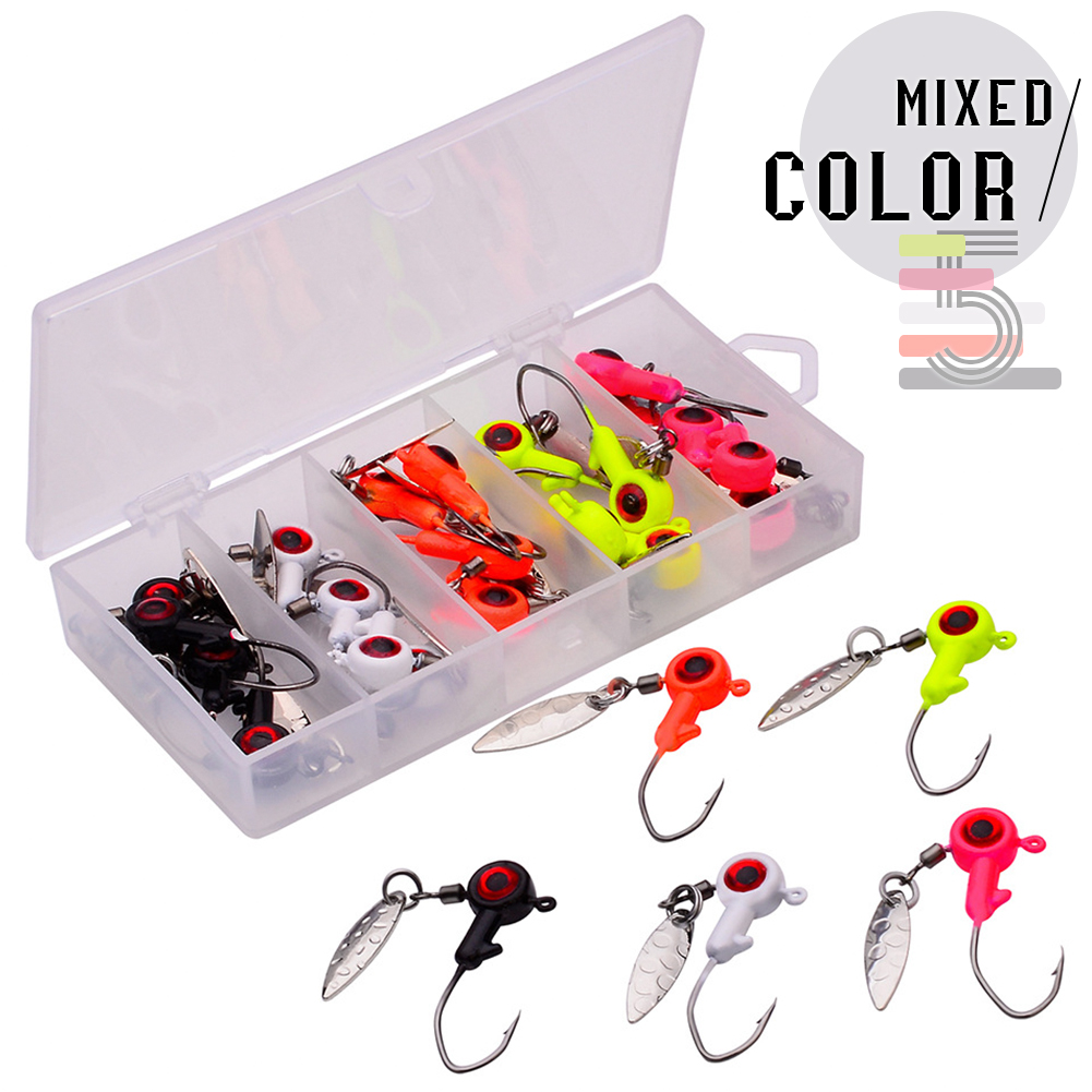 FREE FISHER 25pcs/Box Fishing Lead Head 3D Eyes Hooks Set 1.4g 1.6g 3g Spinnerbaits Hooks with Sequins Mixed Color Fishing Jigs Hard Lures