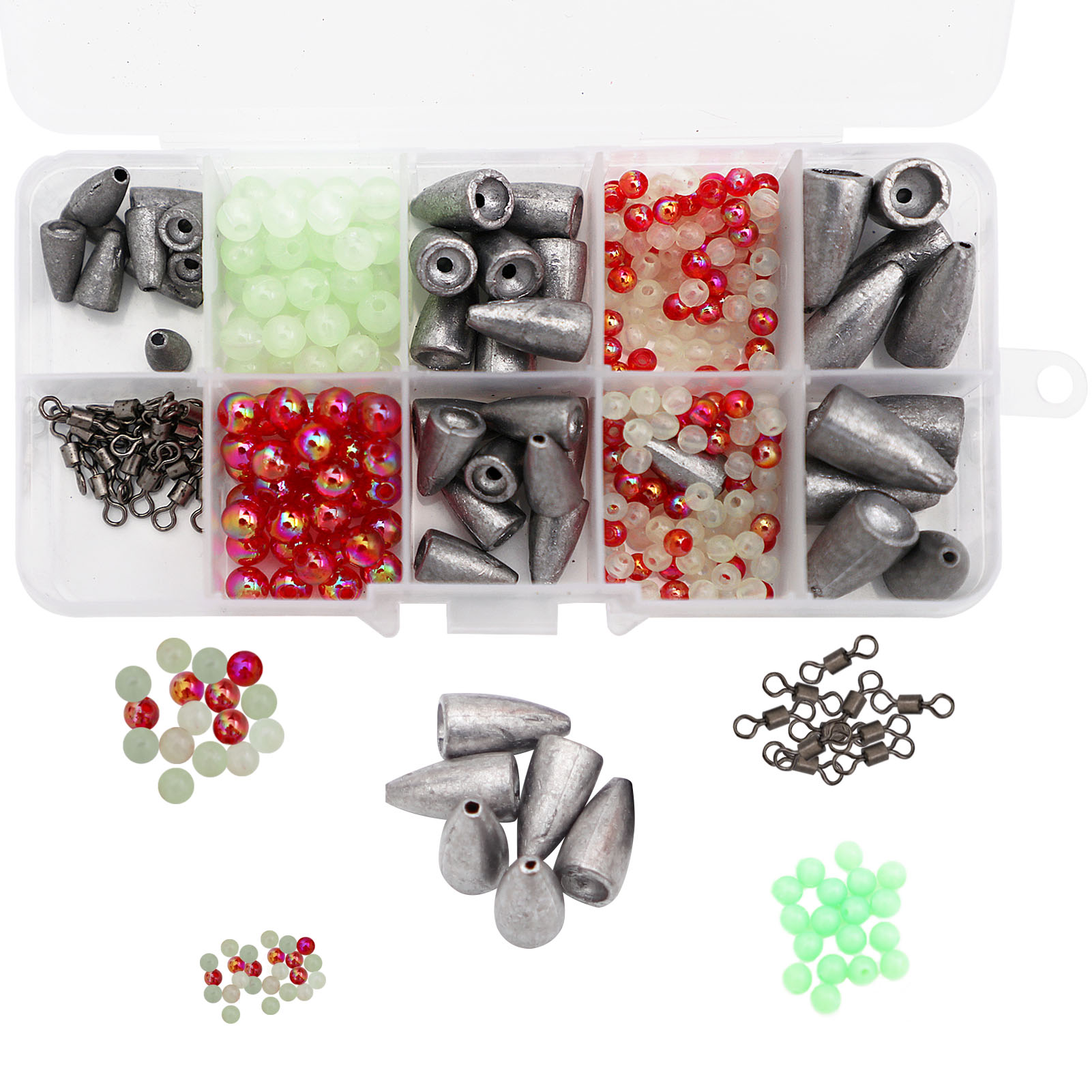 FREE FISHER 185/145pcs Fishing Weights Set Bullet Lead Sinkers Rotating Swivels Crank Hooks Luminous Beads with Clear Box for Bass/Car