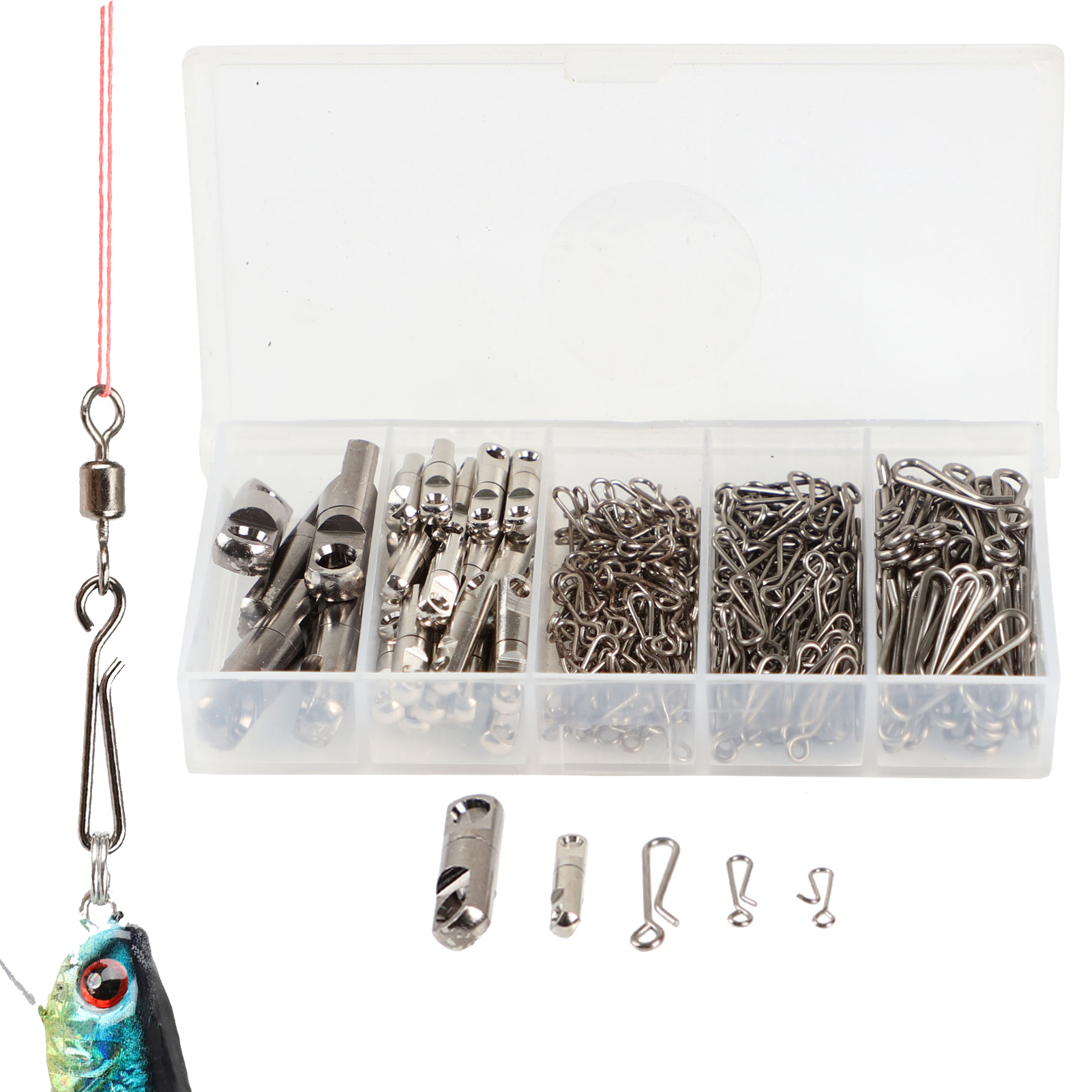 FREE FISHER 285Pcs Rotary Bearing Swivel and Bearing Lock Rolling Swivel Pin Ring Snap Set with Box Tackle Connector Fishing Accessories