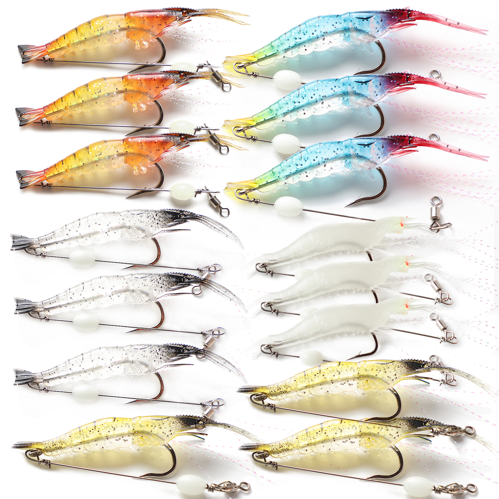 FREE FISHER Fishing Baits 15Pcs Soft Shrimp Lures 9cm 5.5g Luminous Artificial Baits Silicone with Single Hook Swivel Bead Anzois Rigs