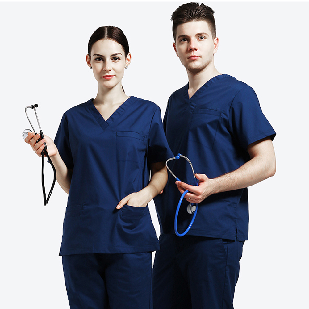 Lab Working Uniform Set Short Sleeve Tops with Pocket +Pants Nursing Uniforms Summer Casual Breathable Simple Solid Workwear for Male