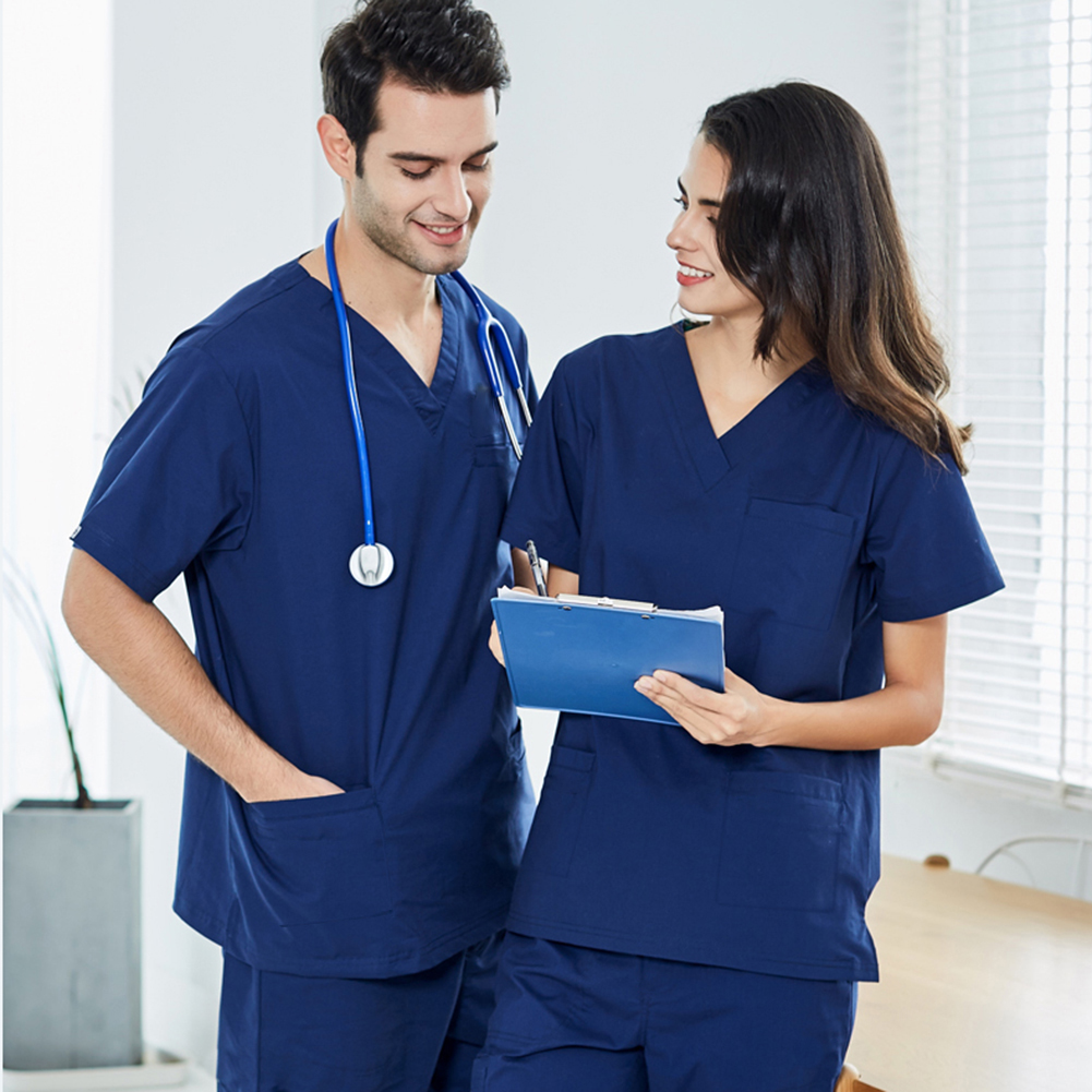 Lab Working Uniform Set Short Sleeve Tops with Pocket +Pants Nursing Uniforms Summer Casual Breathable Simple Solid Workwear for Male