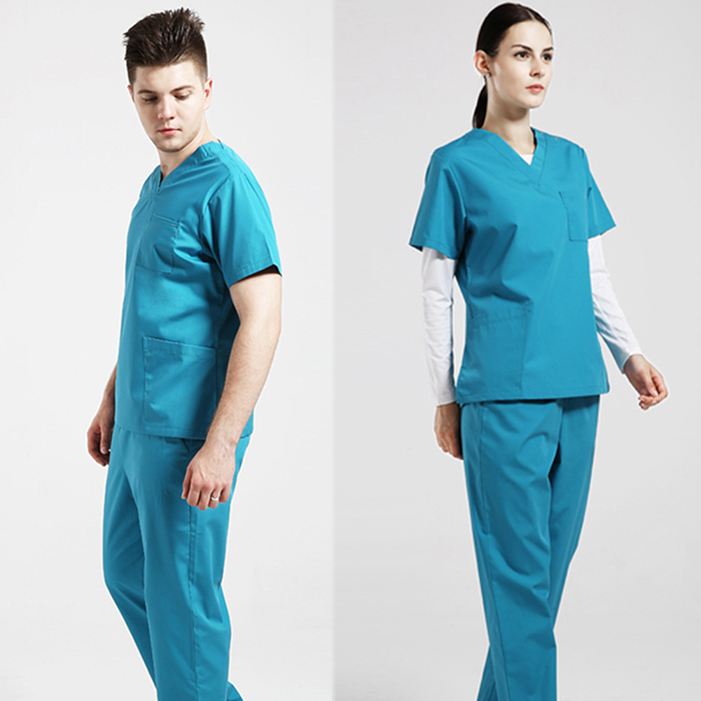 Lab Working Uniform Set Short Sleeve Tops with Pocket +Pants Nursing Uniforms Summer Casual Breathable Simple Solid Workwear for Male