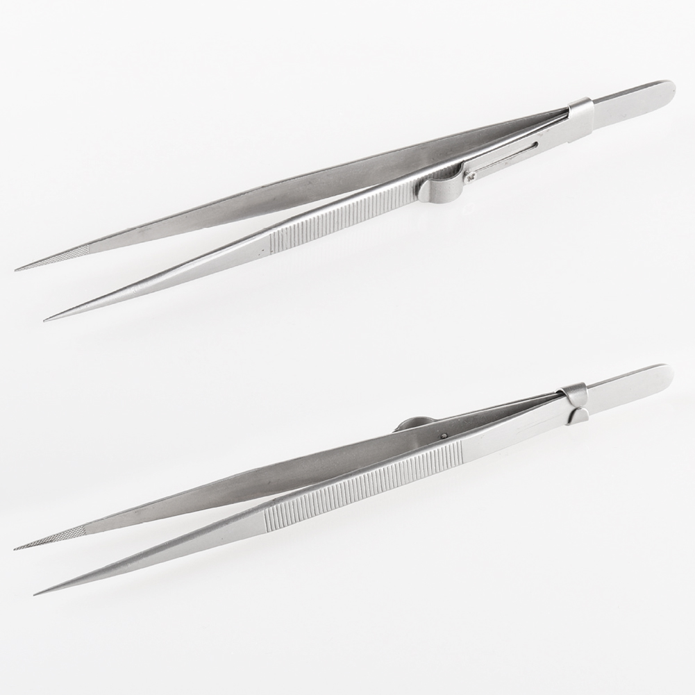 ADAMAS BETA 2pcs Stainless Steel Tweezers 16cm Pointed Headed Bend Tips Forceps Pliers Laboratory Clamping Tools Antiskid Lockable Long Clip