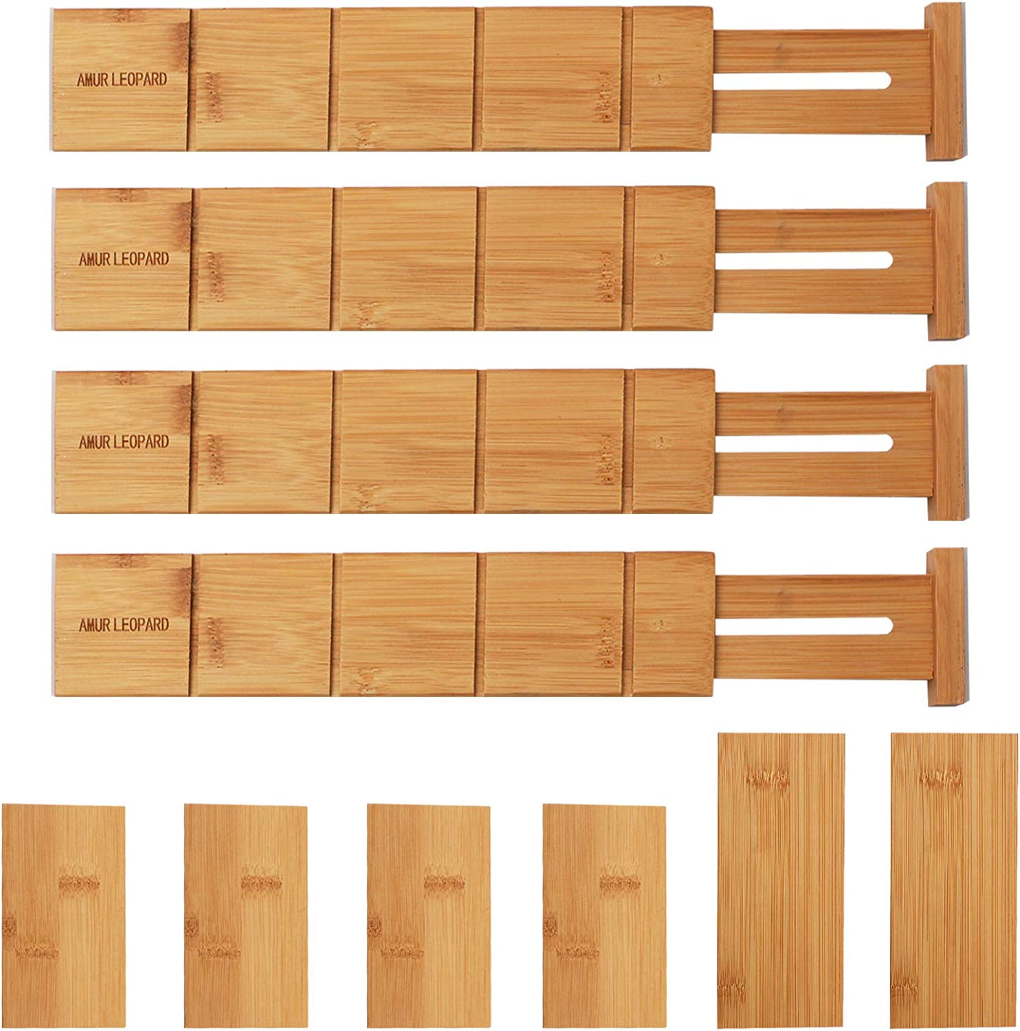 Bamboo Drawer Dividers Organizer Set of 4, with 6 Extra Mini Dividers, Adjustable Drawer Organizers,Expandable Drawer Organization for Kitchen, Dressers, Bathroom and Office (13.25-17 in) 