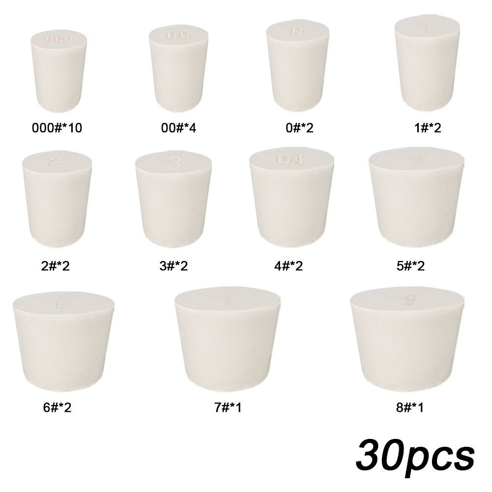 ADAMAS BETA Wholesale 26-30pcs White Rubber Plug Mixed Size Sealing Solid Cork without Hole Laboratory Conical Bottle Stoppers for Test Tube/Flask